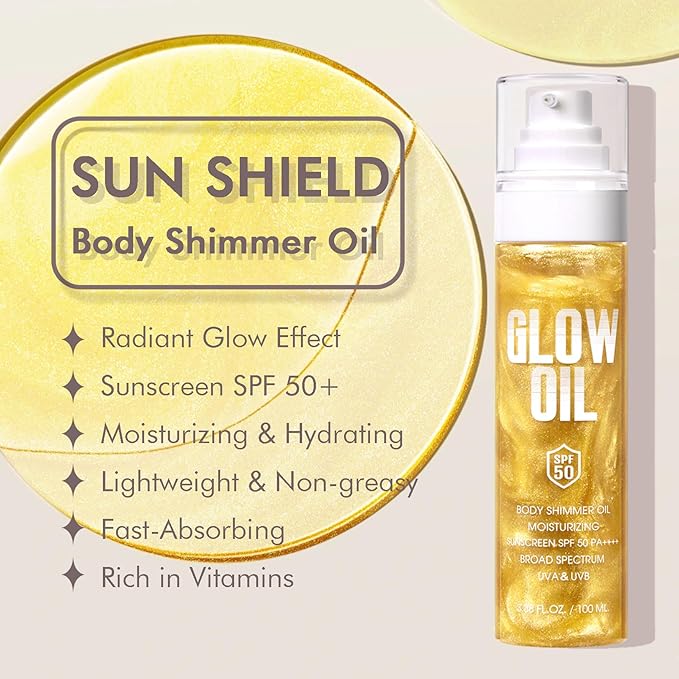 Sunscreen Body Glow Oil【SPF 50】【Lightweight】【Natural Ingredient】Broad Spectrum Shimmer Sunscreen For Face and Body, GOLD