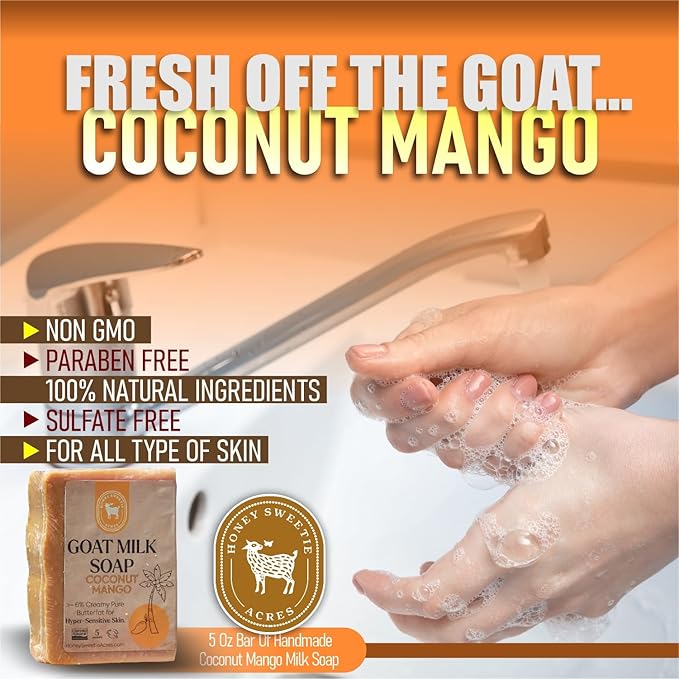 Honey Sweetie Acres Coco Mango Goat Milk Soap - Handmade 5 oz Bar, Made with Natural Ingredients, Moisturizing & Gentle, Made in the USA