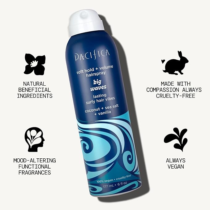 Pacifica Big Waves Coconut, Vanilla & Sea Salt Hairspray – Soft Hold Wavy Hair Texture Spray – Adds Volume & Controls Frizz, Travel Size Beach Hair Essential for Women – Vegan & Cruelty-Free – 6oz