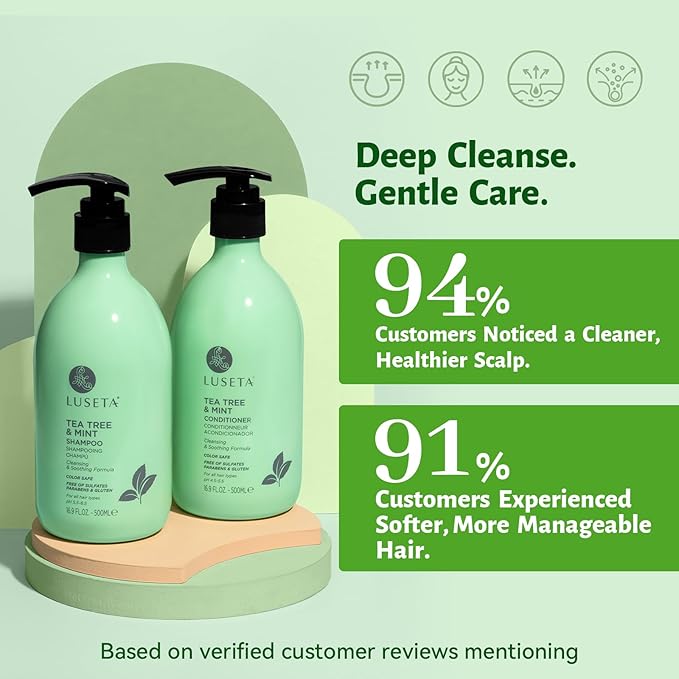 LUSETA Tea Tree Mint Shampoo and Conditioner for Hair Cleaning, Clarifying with Lavender, Tea Tree & Peppermint Oil, Soothe the Scalp, Fight Itchy, Hydrating for Women and Men, 16.8oz*2