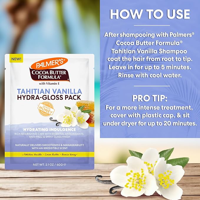 Palmer's Cocoa Butter Formula, Tahitian Vanilla Hydra-Gloss Pack, (2.1 Fl Oz), Nourishing Conditioner Treatment with Vitamin E & Acacia Honey for Shine, Smoothness & Frizz Control, All Hair Types