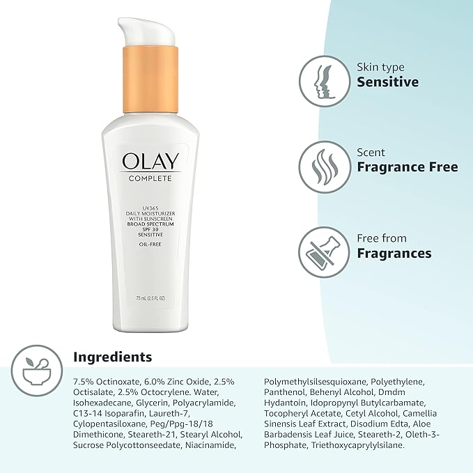 Olay Face Moisturizer,Complete with Sunscreen SPF 30,Fragrance-Free for Sensistive Skin,Broad Spectrum Sun Protection, Long-Lasting Hydration, Non-Comedogenic - Vitamin E & Aloe - 2.5 Oz - (Pack of 4)