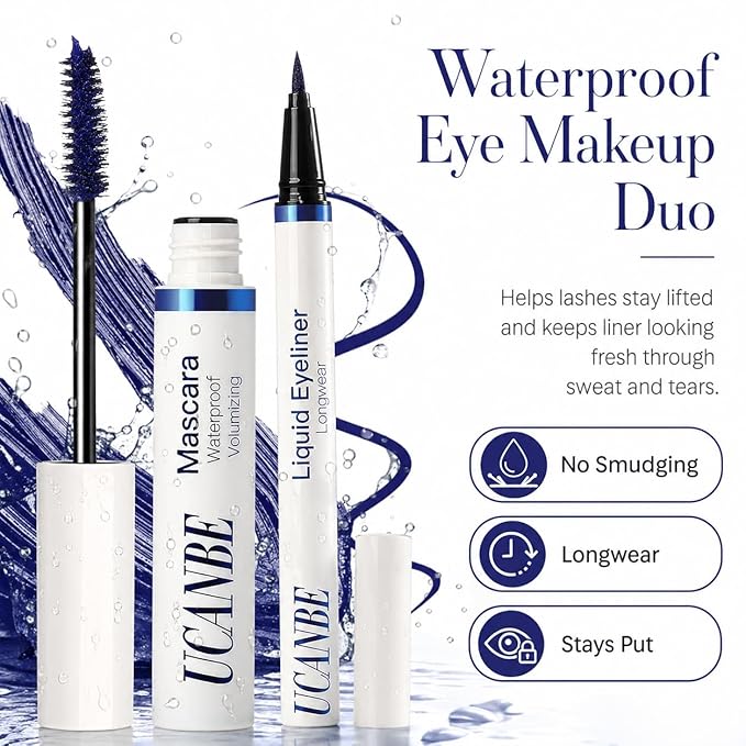 UCANBE Blue Mascara and Liquid Eyeliner Set, Waterproof Colored Eye Makeup Duo - Enhance Your Gaze with Natural Lasting Lift & Curl for Lashes and Pigmented Smudge-Proof Eye Liner