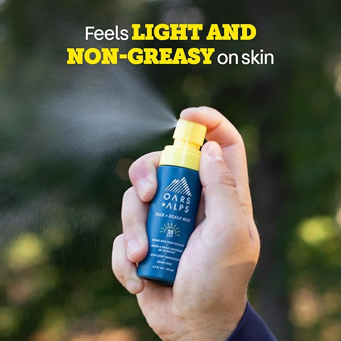 Oars + Alps Face & Scalp Sunscreen Spray Mist, SPF 35 Facial & Hair Sunscreen, Water & Sweat Resistant, Infused with Aloe Vera + Cucumber, Summer Splash Scent, 1.5oz