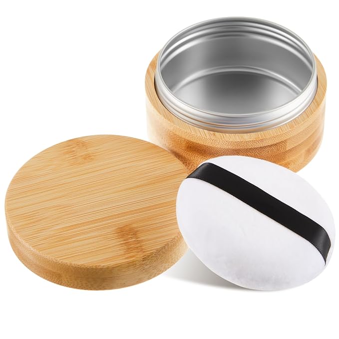 Frienda 150 ml Bamboo Loose Powder Puff and Container Empty Dusting Powder Jar for Body Face Makeup Travel Case Compact Case Holder with Sifter Lids and Puff