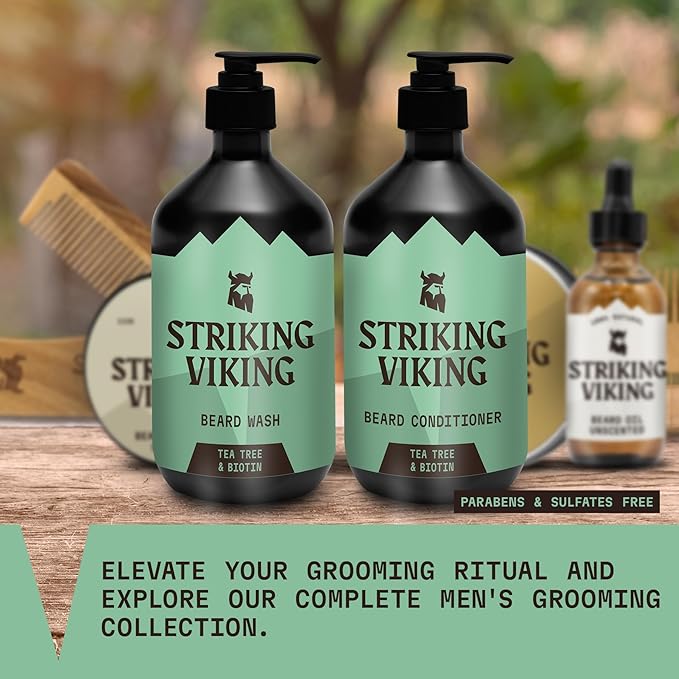 Striking Viking Beard Wash and Conditioner (Tea Tree & Biotin) - Paraben & Sulfate Free Cleansing Care for All Beard Types (10oz Per Bottle)