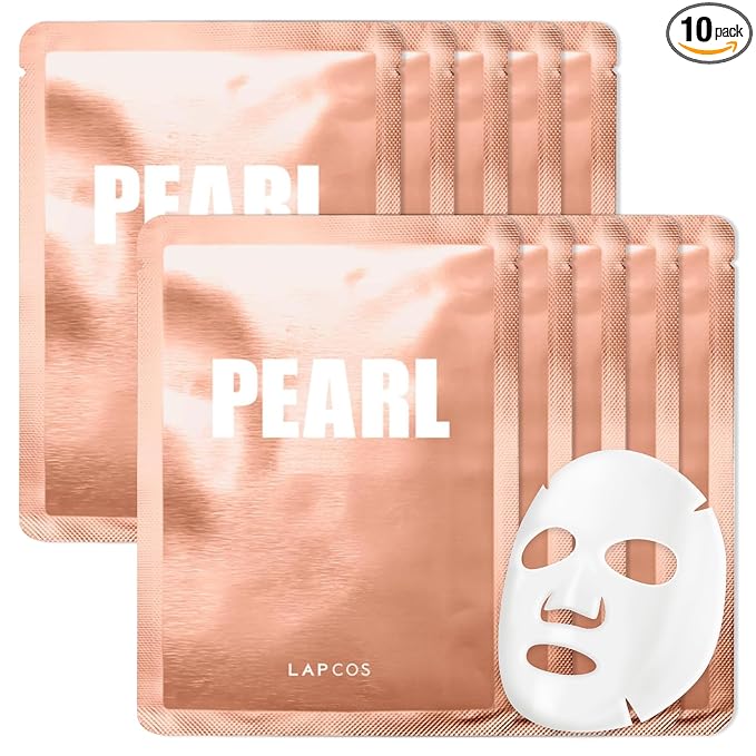 LAPCOS Pearl Sheet Mask - Revitalizing & Refining Face Masks with Rice Ferment - Refines Uneven Texture & Dark Spots - Highly Breathable Eucalyptus-derived Tencel Sheet - Korean Skin Care (Pack of 10)