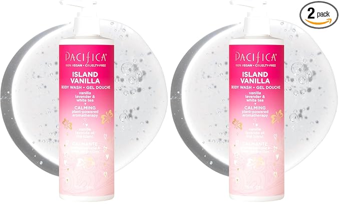 Pacifica Island Vanilla Body Wash Aloe + Hyaluronic Acid,Daily Cleansing,Bath&Shower Gel,Essential Oils,Clean,Vegan + Cruelty&Paraben Free,Clean Beauty Vegan Dermatologist Tested,12 Fl Oz,(Pack of 2)