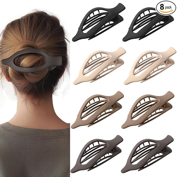 8 Pack French Flat Hair Clips for Women– Large Matte No-Slip Claw Barrettes in Black, Beige, Light Brown & Dark Brown,Strong Hold for Thick & Thin Hair