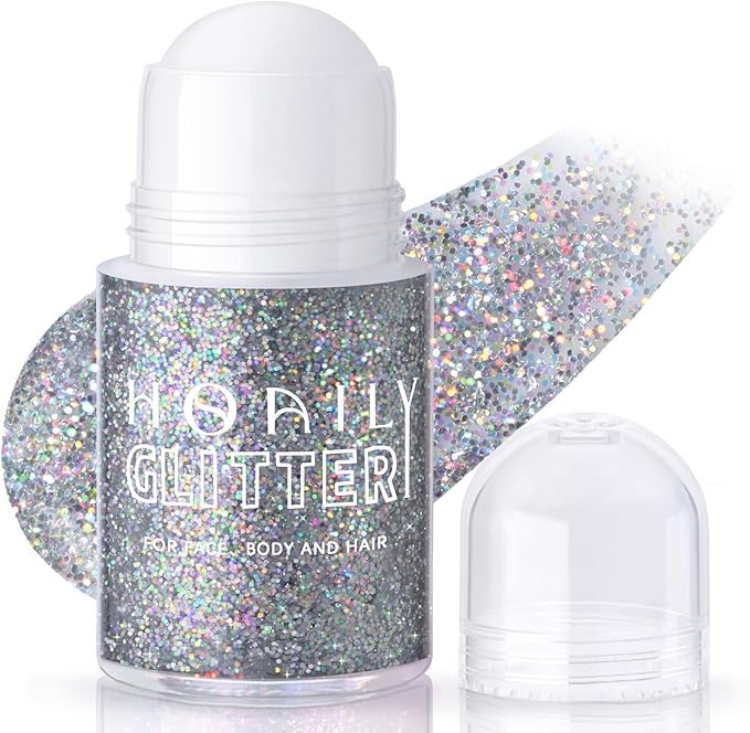 HOSAILY Roll-on Holographic Body Glitter Gel for Face Hair, Chameleon Color Changing Glitter Gel Under Light, Chunky Mermaid Sequins Festival Party Rave Accessories Shimmer Makeup (Silver)