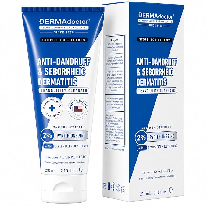 DERMAdoctor 2% Pyrithione Zinc Anti-Dandruff Shampoo & Multi-Use Liquid Face Wash for Seborrheic Dermatitis, Itchy Flaky Scalp, Beard & Body, Fragrance-Free Sulfate-Free Sensitive Skin, 7.1 fl oz