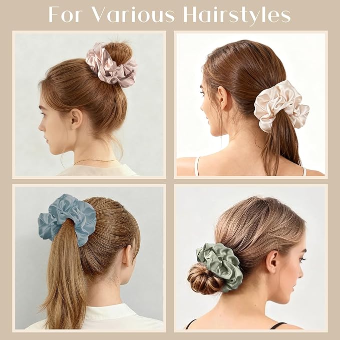 Lolalet Big Satin Scrunchies for Women, 5.9 Inch Large Oversized Scrunchie, Soft Jumbo/Giant Scrunchies Hair Ties for Thick & Curly Hair -4 Pack, Cream/Light Blue/Green/Beige