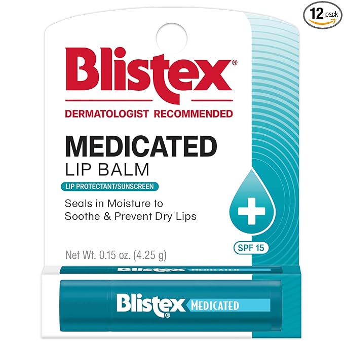 Blistex Medicated Lip Balm, SPF 15, .15 oz, Moisturizing Sunscreen Treatment Stick for Severely Chapped or Dry Lips, Sun Protecting Skin Care, (Pack of 12)