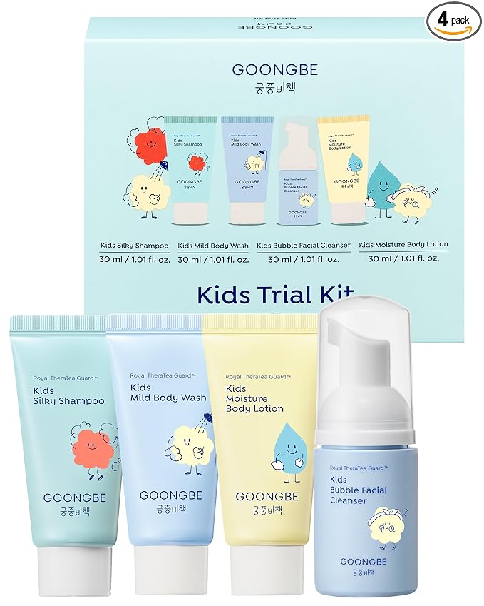 GOONGBE Kids Travel Toiletry Set – 4-in-1 TSA Carry-On Kit with Shampoo, Body Wash, Face Cleanser (Sunscreen Removal) & Lotion, Silicone-Free Low pH for Sensitive Skin1oz Each