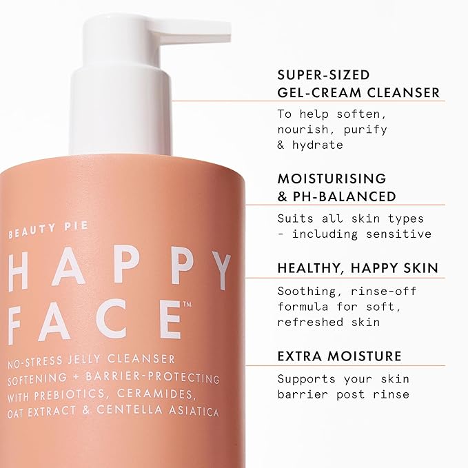 Beauty Pie Happy Face No-Stress Jelly Cleanser – Soothing Aloe, Oat & Rose Gel-Cream for Hydrated, Calm Skin