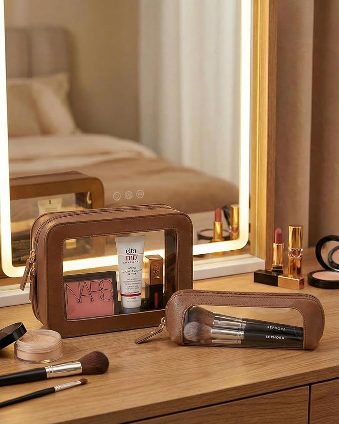 LETGO Clear Makeup Bag Set - Travel Toiletry Organizer for Women, Waterproof Cosmetic Pouch & Car Accessory for Travel Size Lipstick Case Pouch Car Organizer and Storage (2Pack-Standard&Slim, Brown)