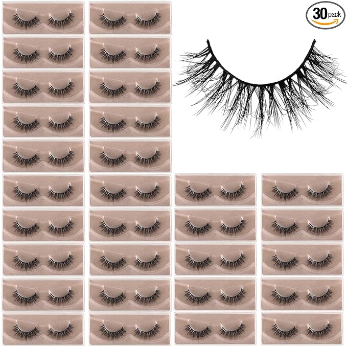 APCYUST Lashes Mink Bulk 30 Pair Wholesale Lashes 5D Fluffy Eyelashes Wholesale Faux Mink Eyelashes Natural Medium Length Fake Lash with Portable Pack (Round Ultra-Wispy 30 Pairs)