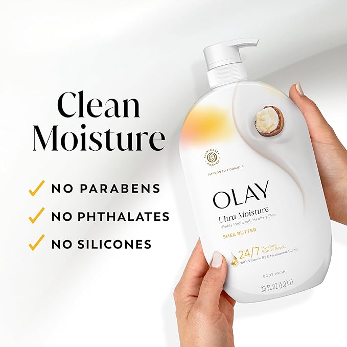 Olay Body Wash for Women, Ultra Moisture, 24/7 Moisture Barrier Repair, Hydrating Formula for Visibly Healthy Soft Skin, Vitamin B3 & Hyaluronic Blend, For All Skin Types, Shea Butter Scent, 35 fl oz