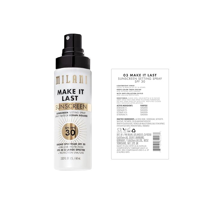 Milani Sunscreen Setting Spray + Primer, Make It Last Sunscreen for Face- SPF 30 UVA & UVB Protection Antioxidant Rich Formula for Broad Spectrum Protection, Prime + Set + Protect, 2.02Fl. Oz - 2 Pack