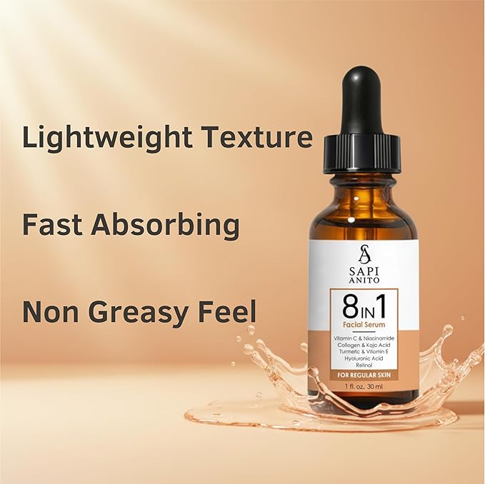Sapi Anito 8-in-1 Facial Serum for Regular Skin, 1 fl oz (30 ml) – Vitamin C, Niacinamide, Hyaluronic Acid, Retinol, Kojic Acid, Turmeric, Vitamin E & Collagen