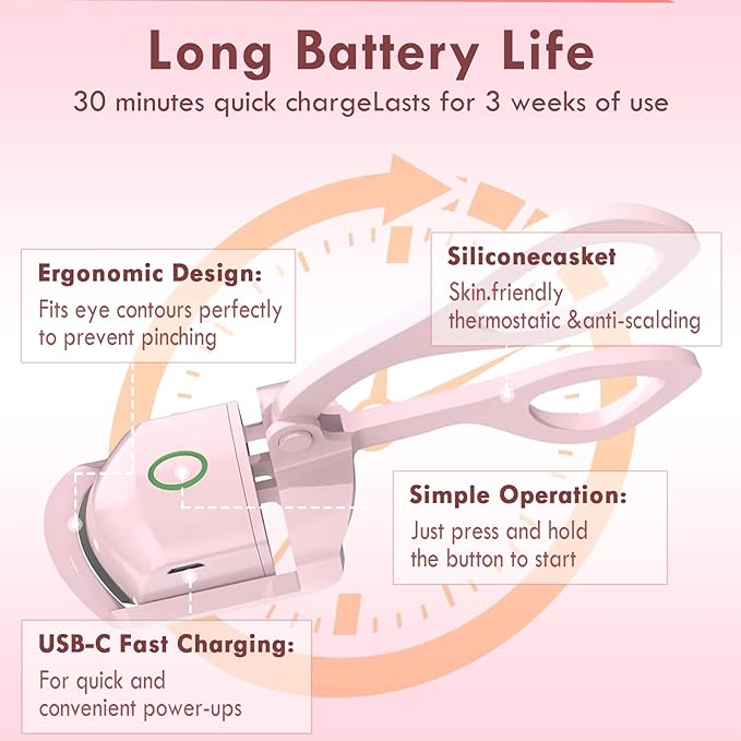 Heated Eyelash Curler for Women - Electric Lash Curler with 10s Fast Heating, Safe Anti-Burn Design, Intelligent Temp Control, Long-Lasting Curls, Portable Makeup Tool (Pink,1PCS)