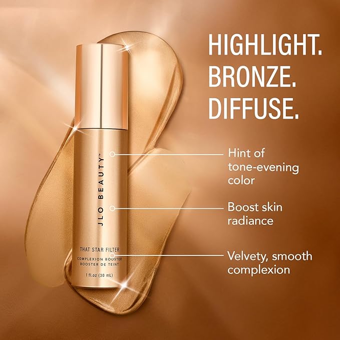 JLO BEAUTY Makeup Highlighter & Bronzer for Face & Body, Liquid Complexion Booster, Illuminating Primer Glow Drops with Vitamin E, Sheer Dewy Skin Tint, That Star Filter, Warm Bronze, 1 Fl Oz
