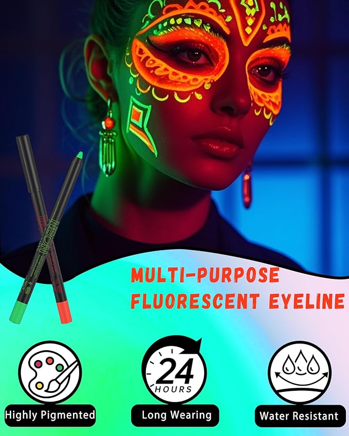 UV Neon Colored Gel Eyeliner Pencil, Matte Rainbow Colorful Eyeliner Pencils Glow in the Dark Makeup, Waterproof Long Lasting Gel Eye Liner Pen with Sharpener for Halloween Face Body Painting-B02 Blue