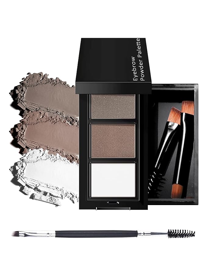 3 Color Eyebrow Powder Palette Kit, Gray Medium Brown & White Eye Brow Powder for Women, Long-Lasting Waterproof Tinted Brow Filler, With Mirror & Eyebrows Brush Makeup Set, Defined Natural Brows-B02
