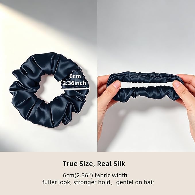 ZLYC 100% Mulberry Silk Hair Tie Scrunchie 19 Momme Gentle Creaseless Dent-Free Ponytail Holder for Women, 6cm Solid Navy