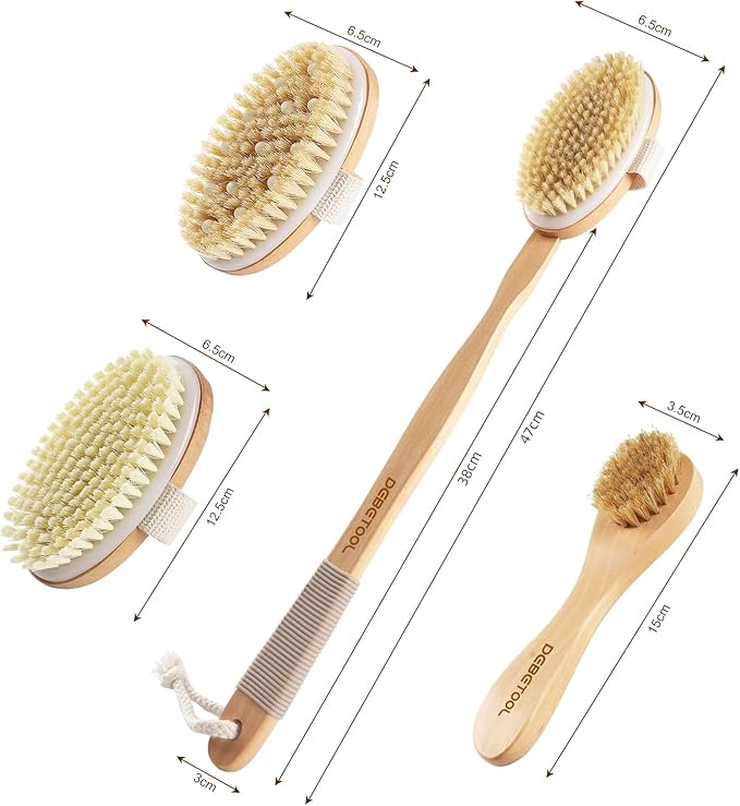 DEBETOOL Dry Brushing Set - Natural Boar Bristle Body & Face Brush, Wooden Long Handle Scrub Brush for Cellulite & Lymphatic Drainage Body Care, Detachable, 3 Brush Heads