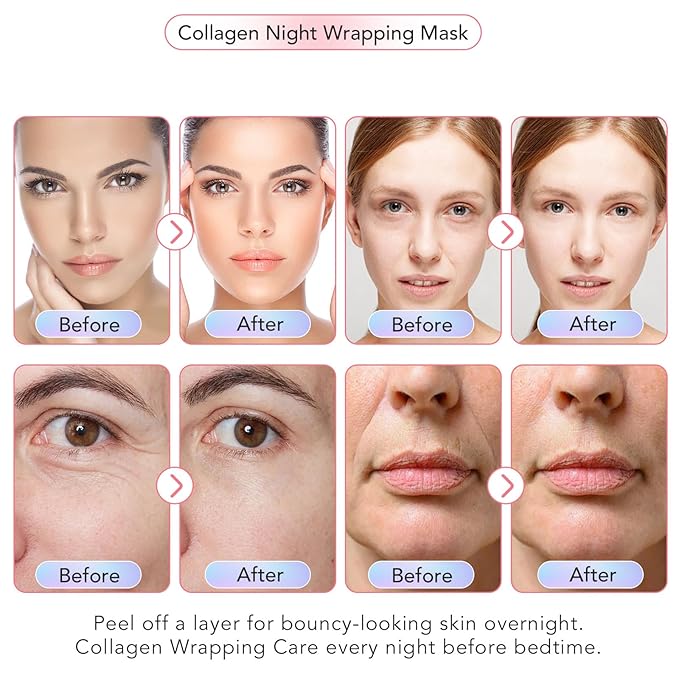 Collagen Night Wrapping Mask with Brush 2.53 fl.oz, Collagen Overnight Wrapping Peel Off Facial Mask Pack, Reduces Sagging & Dullness - Hydrolyzed Collagen For Glowing Skin, For Glass Skin