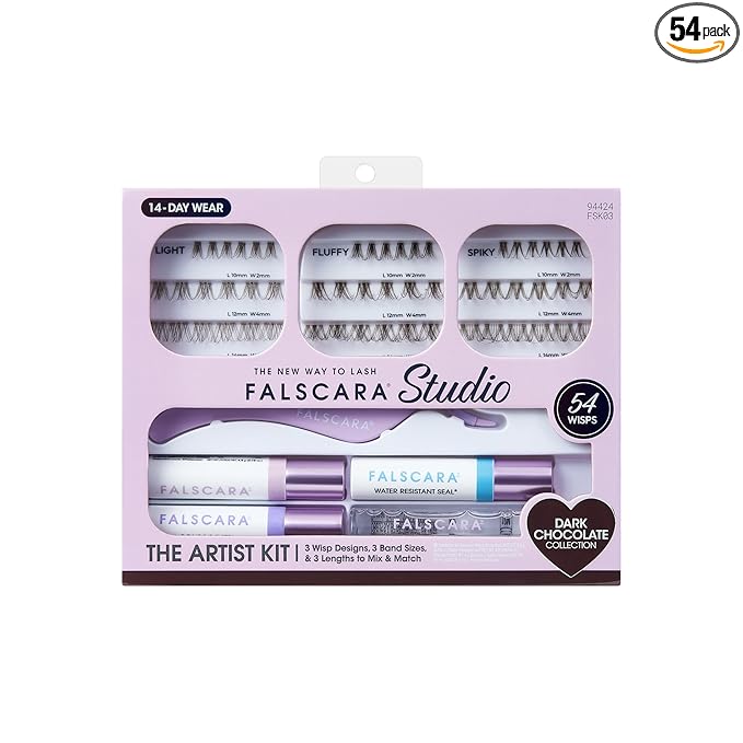FALSCARA Studio Lash Extension Kit, 54 Stackable Lash Clusters, Medium Volume, 10mm-14mm, ‘Dark Chocolate’, False Eyelashes, InfuseBond, Water-Resistant Seal, BondBoost, Hydro Cleanser, Applicator