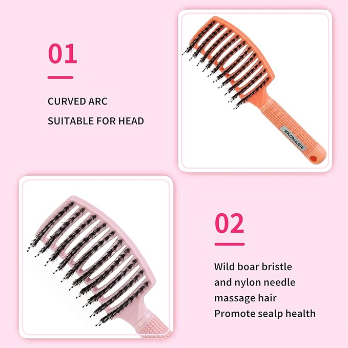EKONAER 3 Pack Vented Quick Drying Massage Blow Detangler Brush,Boar Bristle Hair Brush Set-Curved,Detangling Hair Brush for Women Long,Thick, Thin, Curly(Green)