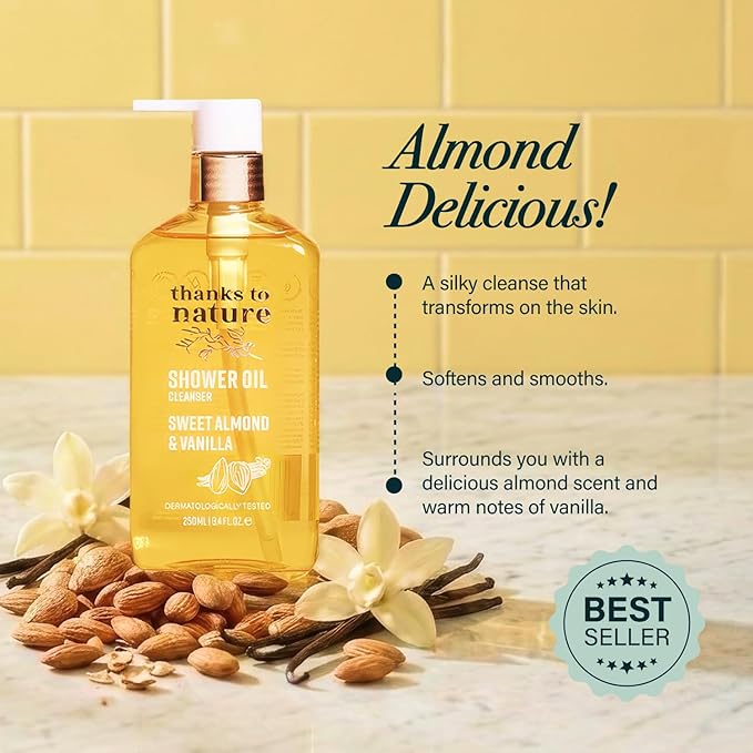 Shower Oil for Women with Sweet Almond and Vanilla, Luxe Oil Body Wash That Softens Skin, Cleansing Oil for Normal to Dry Skin, 8.45 fl oz
