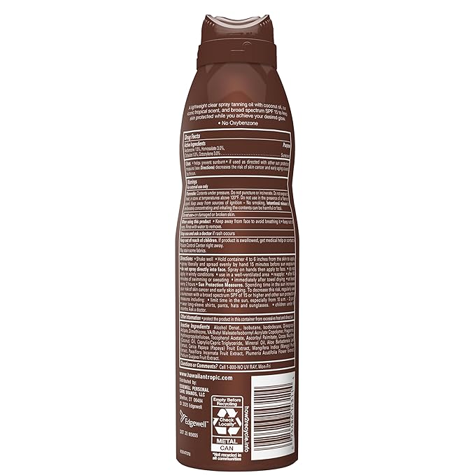 Hawaiian Tropic Dry Oil Tanning Spray Sunscreen SPF 15, 6 oz | Protective Sun Tanning Oil with SPF 15 Sunscreen, Oxybenzone Free, 6 oz