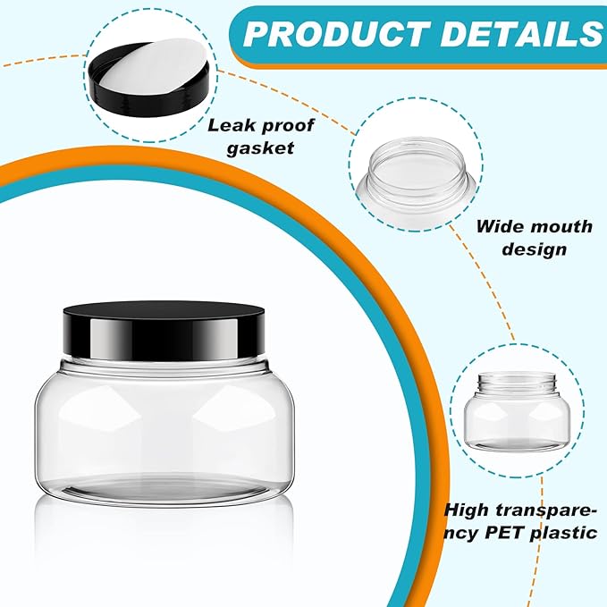 Tessco for you 24 Pack Plastic Jars with Lids Labels Multiuse Slime Containers Empty Body Scrub Jars Round Refillable Cosmetic Body Butter Container for Makeup (8 oz,Clear,Black)