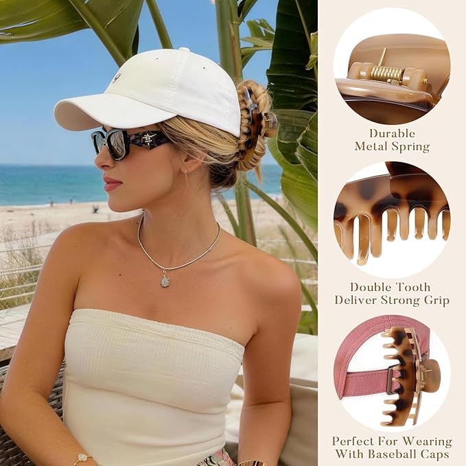 6 Pcs Hat Claw Clip for Women, Hat-Friendly Claw Clips for Trucker Hat & Baseball Cap - 4.3 Inch Large Tortoise Hat Claw Clip for Medium/Thick Hair, Non-Slip Trucker Hat Hair Clips Accessories