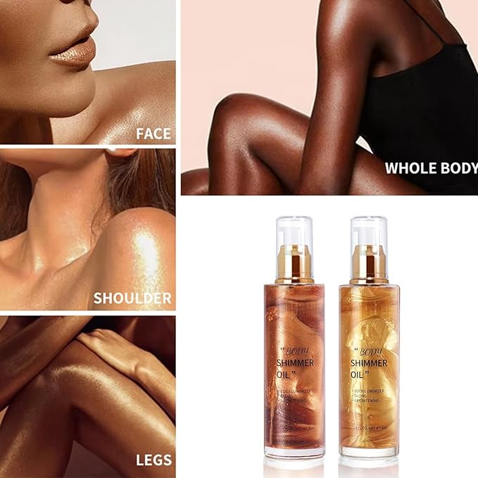 Body Shimmer Oil, Glow Glitter Oil, Face Glow Highlighter Illuminator, Shine Glitter Liquid Tanning for Radiant Skin, Body Makeup,Beach Essentials (2# Gold)