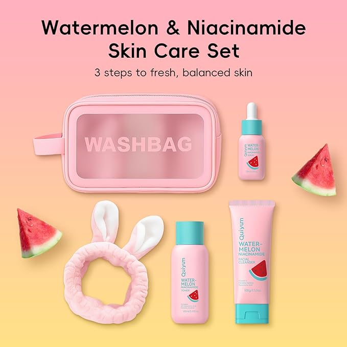 QUIYUM Watermelon & Niacinamide Skin Care Set, Beauty Facial Skincare Products, Routine Skincare for Teens, Nourishing, Hydration, Glow Up, Trendy Stuff for Girls with 3PCS, Birthday Mother's Day Gift