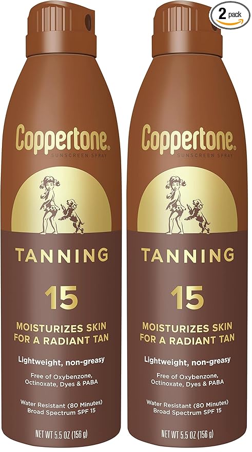 Coppertone Tanning Sunscreen Spray with Broad Spectrum SPF 15, Water Resistant Spray Sunscreen, Lightweight and Non-Greasy, 5.5 Oz (Pack of 2)