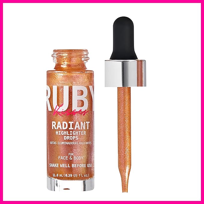 Ruby Kisses Radiant Drops, Shimmer Liquid Highlighter Makeup, Smooth Illuminator for Face Body, Natural Glow Dewiness Glitter for Skin (Blush Gold)