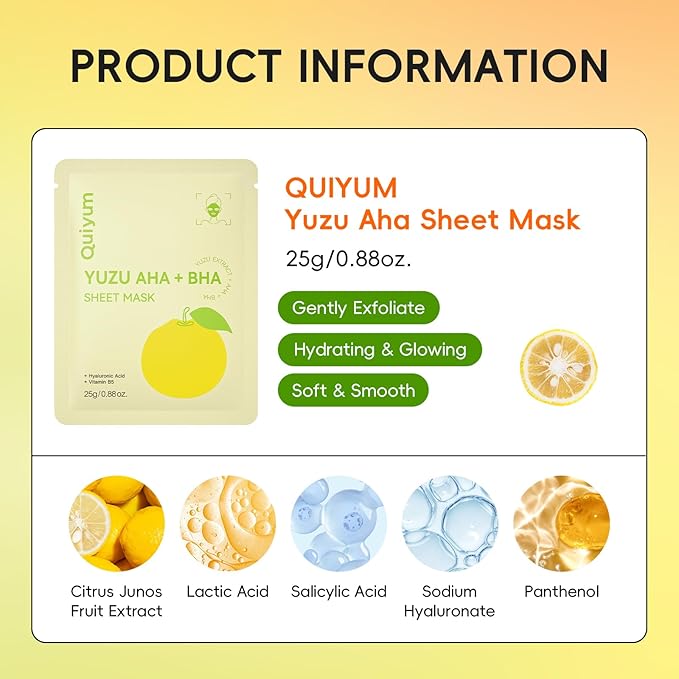 QUIYUM 14 Pack YUZU Sheet Mask - Hydrating Facial Masks for All Skin Types, Skincare Set, Spa Gift for Women & Teens