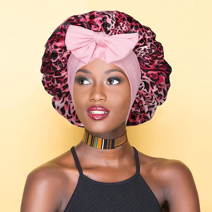 AWAYTR Satin Bonnet for Women Tie Band Hair Bonnet Large 2 Layered Silk Sleeping Cap Nightcap with 3PCS Hair Scrunchies (US, Alpha, One Size, Leoprad Print(Pink))
