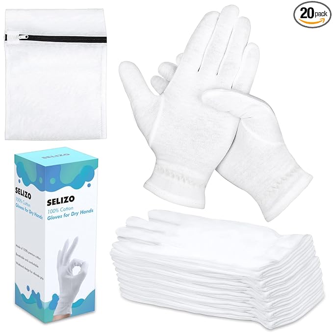 10 Pairs 100% Moisturizing Gloves for Dry Hands Overnight, Selizo 10 Pairs White Cotton Gloves for Women Eczema, Hand Moisturizer Sleeping Spa Gloves for Dry Hands Eczema