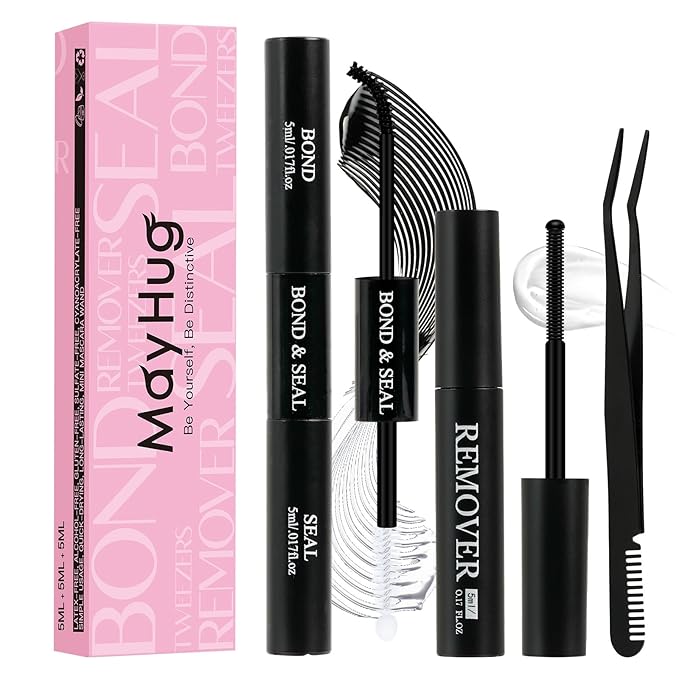 Mayhug Lash Bond and Seal with Lash Glue Remover and Tweezers for Lash Extension Clusters Fast Removal, Waterproof Eyeash Glue Lash Extension Remover Lash Applicator Tools for Beginners