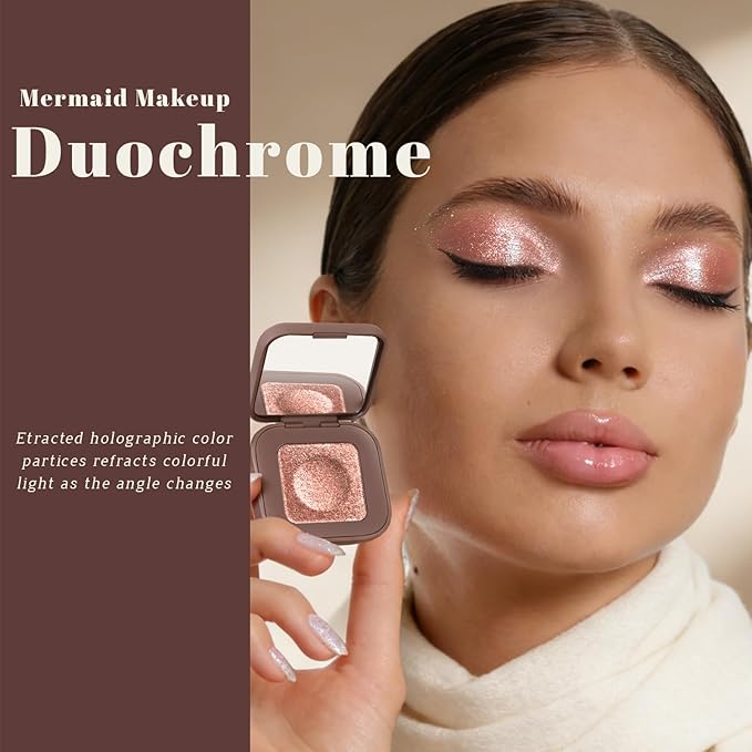 Noerrors Duochrome Champagne Pink Silver Glitter Eyeshadow Palette, Holographic Multichrome Rich Color Shimmer Metallic Eye Shadow, Color Shift Diamond Sparkle Eye Brightener Palette Fairy Makeup#01