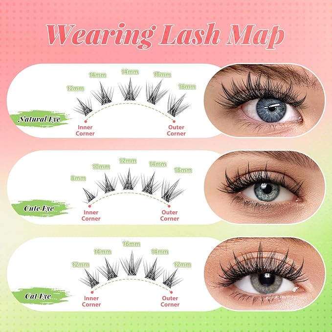 KEYYOU Sicily Lash Clusters Kit Fairy Lash Extension Kit C Curl 120Pcs Eyelash Extension Kit Wispy Natural Invisible Band Lash Kit with Waterproof DIY Lash Extension Kit at Home(Sicily-C-8-16MIX)