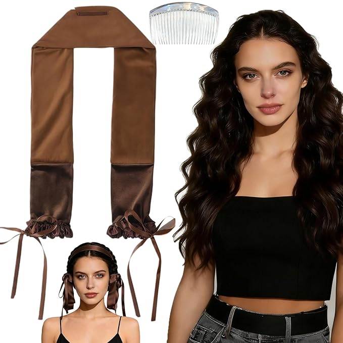 Sleepie tie, Heatless Curling Scrunchie Overnight Blowout, Sleep Hair Tie, Heatless Hair Curler Damage-Free, for Sleeping Soft Rollers for Overnight No-Heat Curls Long Hair To Sleep(Brown)