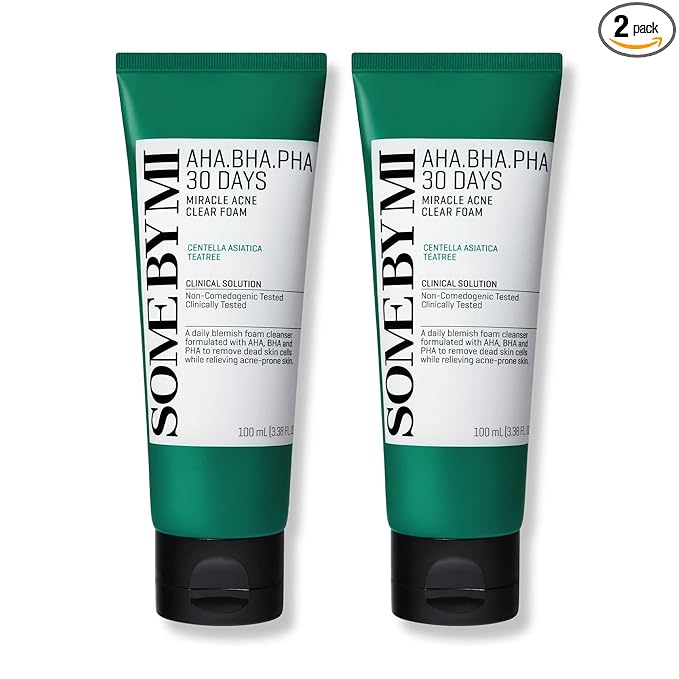 SOME BY MI AHA BHA PHA 30 Days Miracle Acne Clear Foam – Pack of 2 – Korean Acne Face Wash for Smooth & Clear Skin – Salicylic Acid Cleanser for Exfoliation & Sebum Control – Korean Skin Care