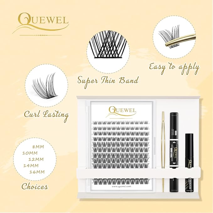 QUEWEL DIY Lash Extensions Kit Lash Clusters 144 Pcs, Cluster Lashes Golden Lashes Tweezers, Eyelash Clusters Bond and Seal Waterproof, Cluster Eyelash Glue Remover(QU-RR-DH-02)